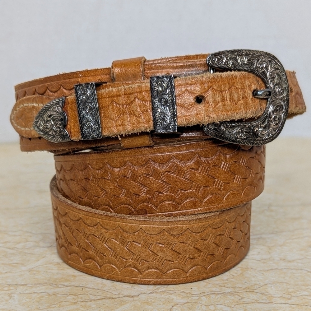 Vintage Bianchi Brown Rugged Leather Western Tooled Belt Silver Accents Women 38
